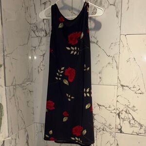 Chic Black Midi Dress with Red Floral Pattern